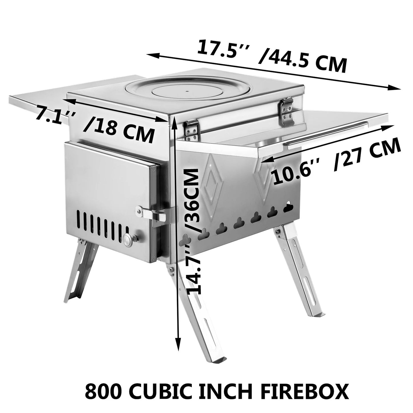 VEVOR Tent Wood Stove 17.5X14.7X10.6 Inch, Camping Wood Stove 304 Stainless Steel with Folding Pipe, Portable Wood Stove 95.7 Inch Total Height for Camping, Tent Heating, Hunting, Outdoor Cooking