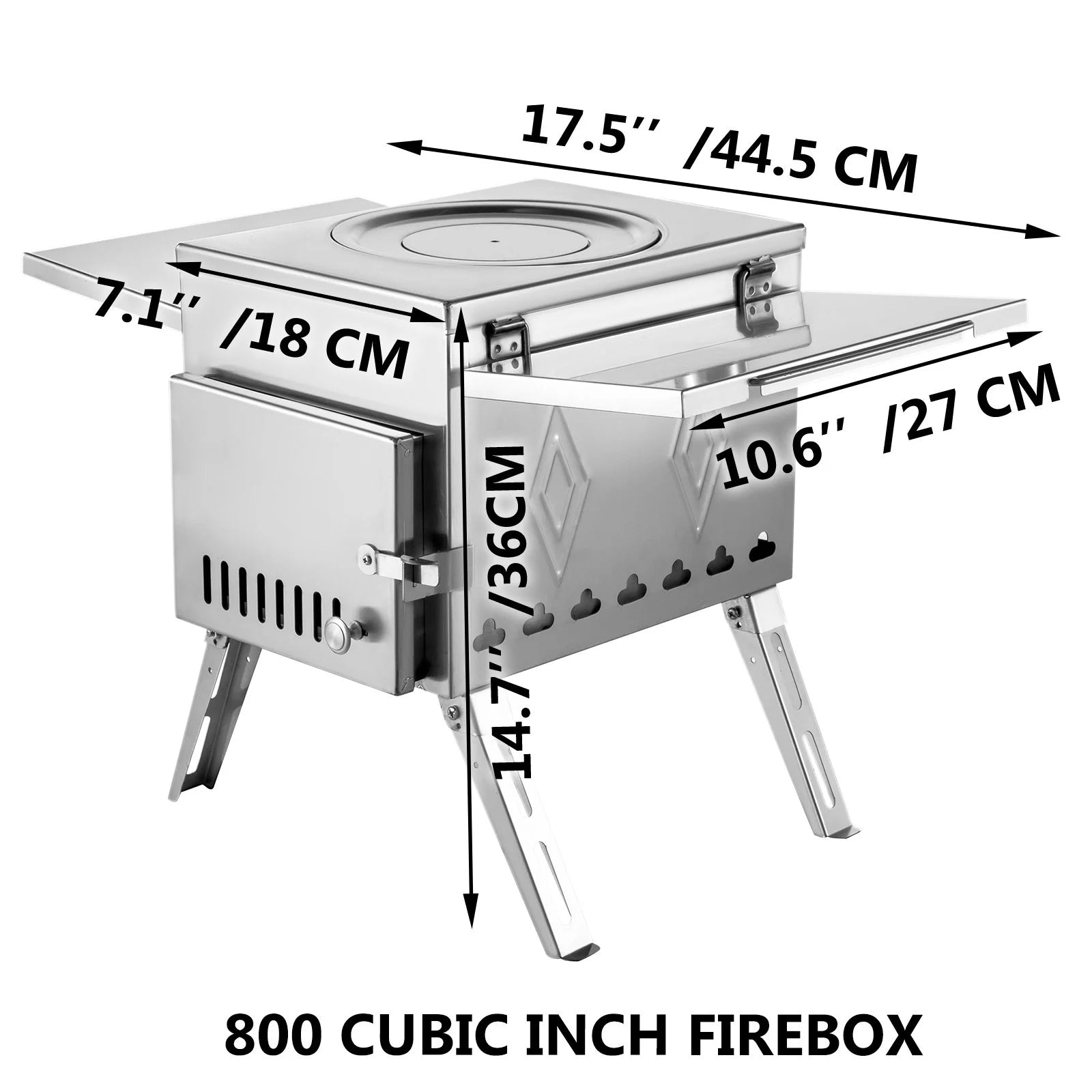 VEVOR Tent Wood Stove 17.5X14.7X10.6 Inch, Camping Wood Stove 304 Stainless Steel with Folding Pipe, Portable Wood Stove 95.7 Inch Total Height for Camping, Tent Heating, Hunting, Outdoor Cooking