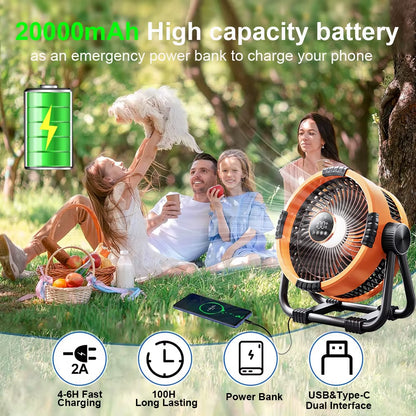 Camping Fan 20000Mah Rechargeable Portable Outdoor Camping Fan Wireless Camping Air Circulator Tent Ceiling Fan with LED Light