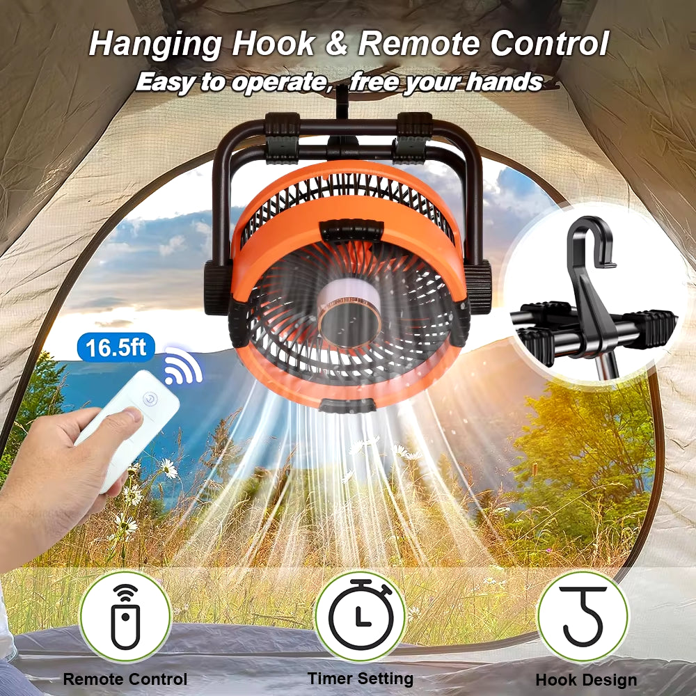 Camping Fan 20000Mah Rechargeable Portable Outdoor Camping Fan Wireless Camping Air Circulator Tent Ceiling Fan with LED Light