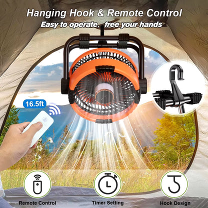 Camping Fan 20000Mah Rechargeable Portable Outdoor Camping Fan Wireless Camping Air Circulator Tent Ceiling Fan with LED Light