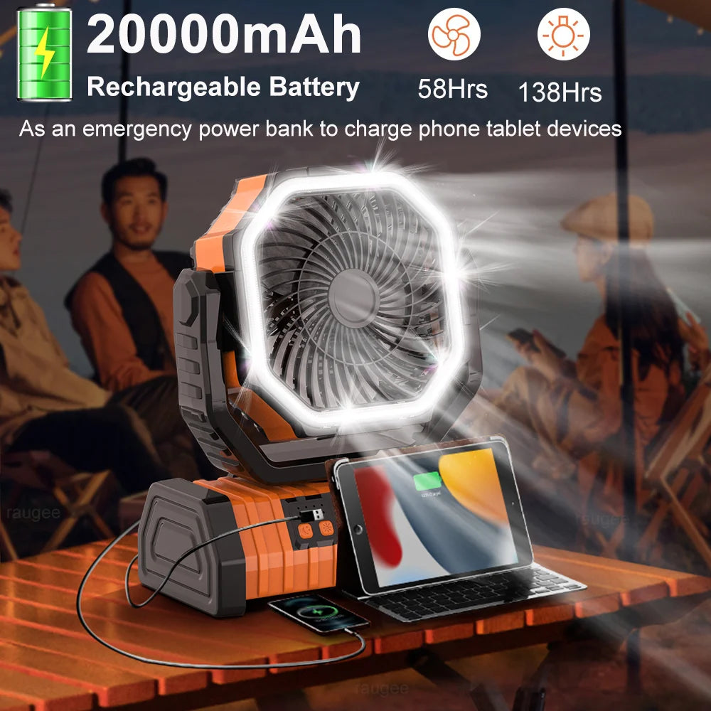 Camping Fan 20000Mah Rechargeable Portable Camping Circulator Fan Wireless Camping Tent Ceiling Fan with Light Remote Control