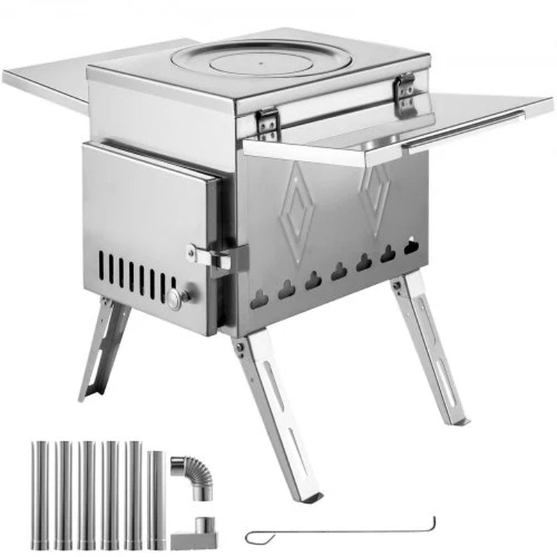 VEVOR Tent Wood Stove 17.5X14.7X10.6 Inch, Camping Wood Stove 304 Stainless Steel with Folding Pipe, Portable Wood Stove 95.7 Inch Total Height for Camping, Tent Heating, Hunting, Outdoor Cooking