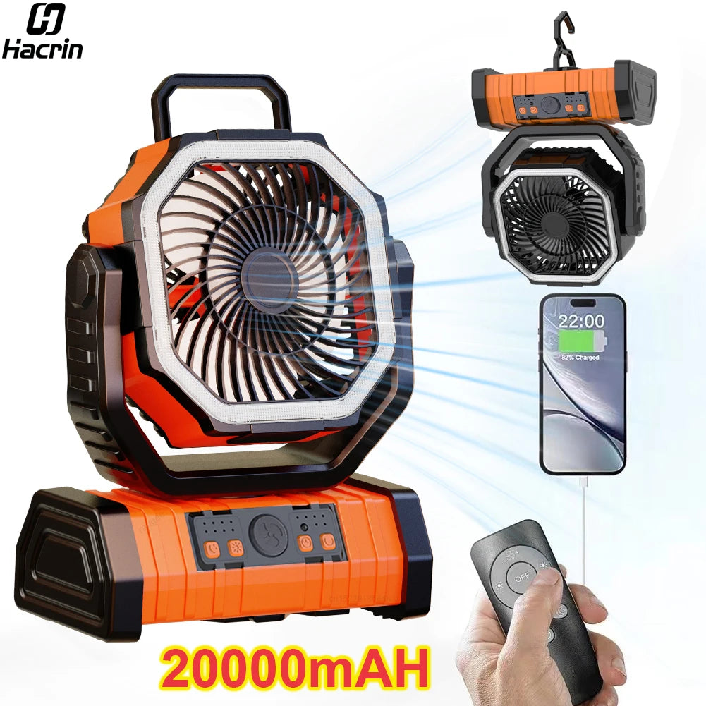 Camping Fan 20000Mah Rechargeable Portable Camping Circulator Fan Wireless Camping Tent Ceiling Fan with Light Remote Control