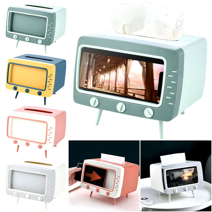 Creative Cartoon TV Tissue Box with Phone Holder – Kawaii Desktop Decor for Home and Office