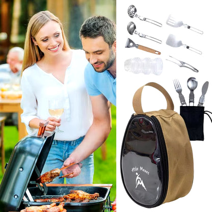 Camping Utensil Set 11Pcs BBQ Camping Kit Bowls & Forks Tableware Set Camping Accessories Outdoor Potable Cookware Kit For