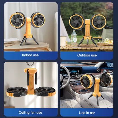 8000Mah Camping Fan Outdoor Rechargeable Cooling Fan Automatic Rotation Portable Fan with Led Light Charging All in One