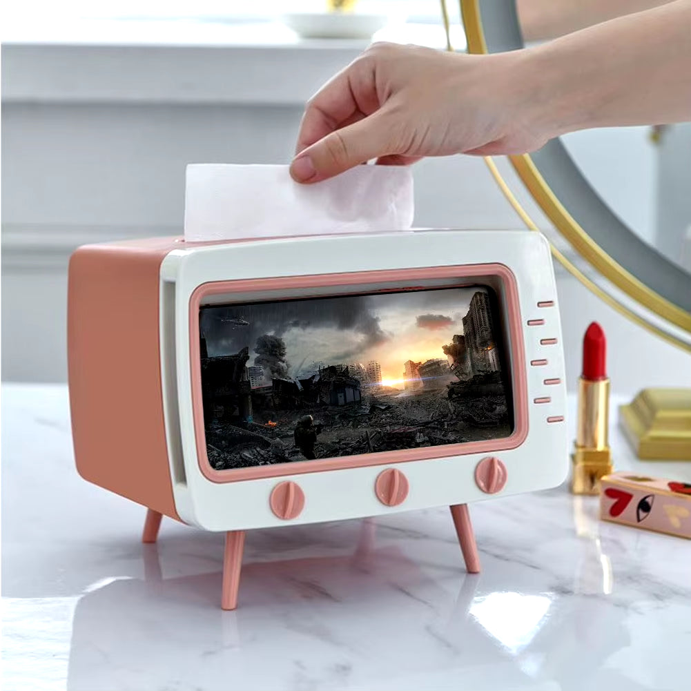 Creative Cartoon TV Tissue Box with Phone Holder – Kawaii Desktop Decor for Home and Office