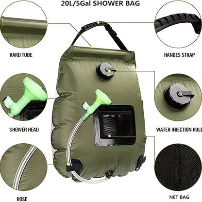 Solar Heated Camping Shower Bag – 5 Gallon Portable Outdoor Bathing Kit with Switchable Hose and Shower Head