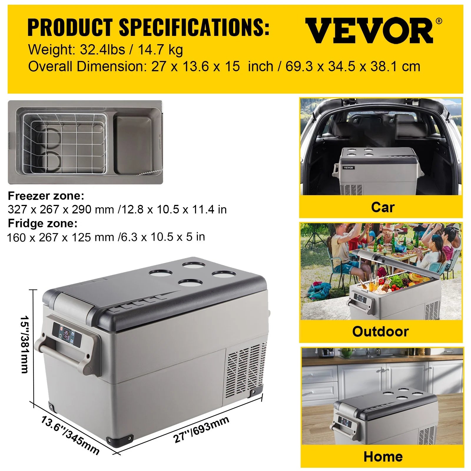 VEVOR 37 Quart Portable Refrigerator – Dual-Zone, App-Controlled 12V/24V & 110-240V for Camping, Travel, and Home