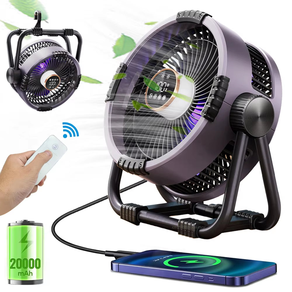 Camping Fan 20000Mah Rechargeable Portable Outdoor Camping Fan Wireless Camping Air Circulator Tent Ceiling Fan with LED Light