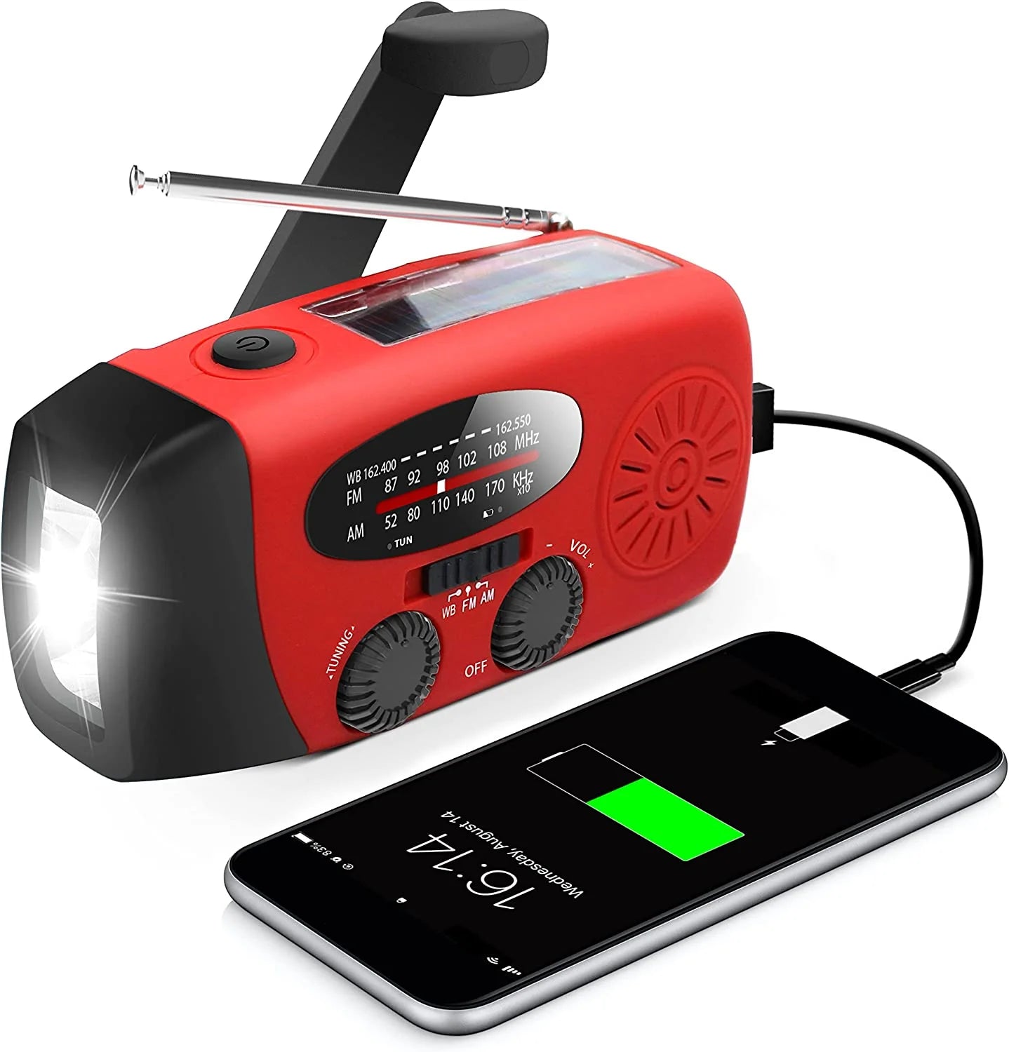 Storm Safe Emergency AM/FM/NOAA Weather Radio – Solar Flashlight & Built-In Phone Charger